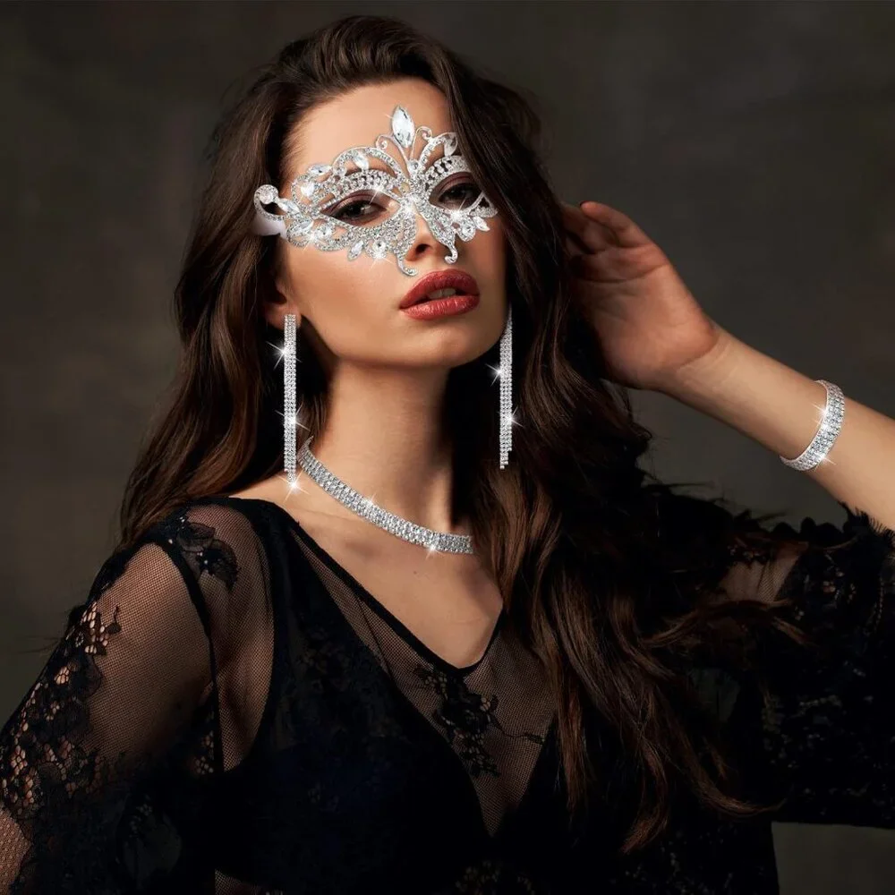 Elegant Silver Rhinestone Masquerade Jewelry Set for Women